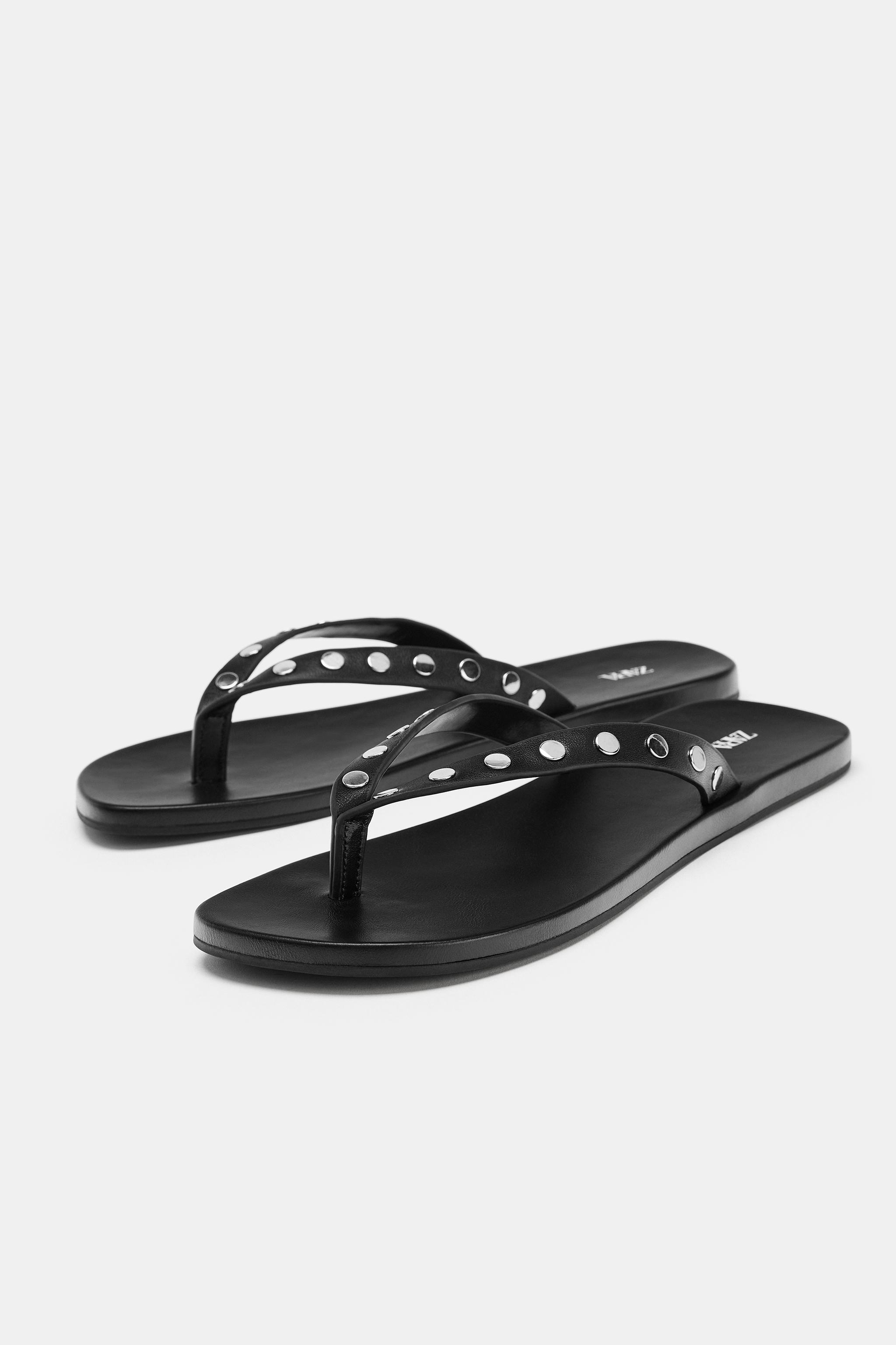 STUDDED LEATHER SLIDE SANDALS
